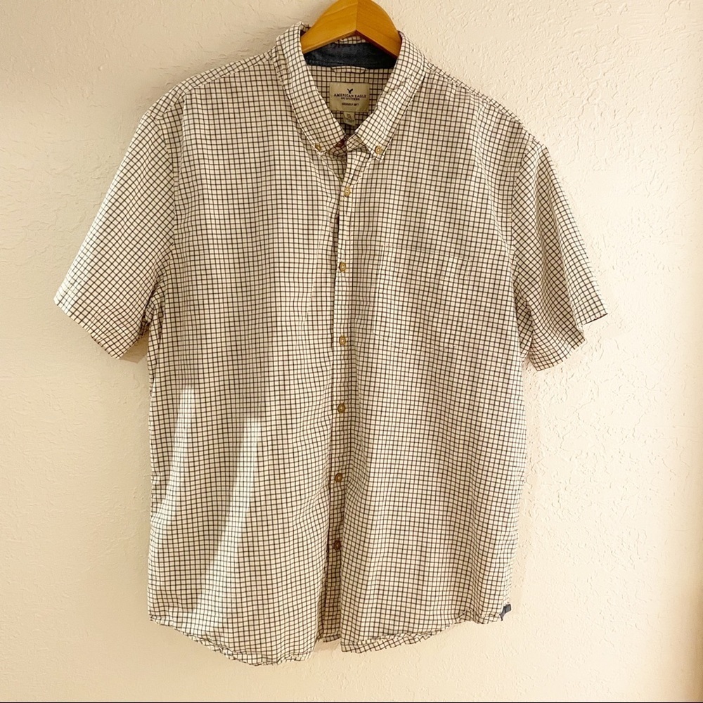 American Eagle Seriously Soft White Blue Plaid Short Sleeve Button Up Men's XXL